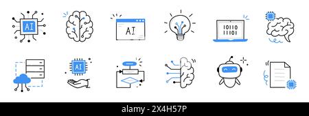 Symbol für künstliches KI-Gehirn. KI-Maschine Digital Roboter Hand gezeichnete Kritzellinie Symbol. Künstliches Gehirn-Algorithmus-Konzept der maschinellen Wissenschaft. Handgezeichneter Skizzenstil süße blaue Linie. Vektorabbildung Stock Vektor