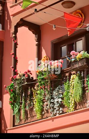 Rosafarbenes Haus mit einem charmanten Balkon, der mit üppigen grünen Pflanzen und bunten Blumen überflutet ist, schafft eine ruhige und ruhige urbane Oase in der Stadt Stockfoto