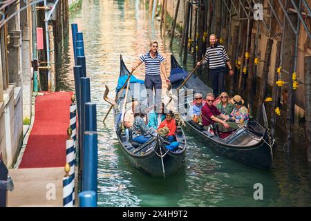 Venedig, Italien - 3. Mai 2024: Gondolier nimmt Touristen mit auf eine Gondelfahrt durch die malerische Stadt Venedig in Italien *** Gondoliere fährt mit einer Gondel Touristen durch die malerische Stadt Venedig in Italien Stockfoto