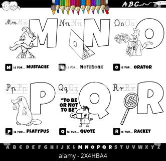 Schwarz-Weiß-Cartoon-Illustration von Großbuchstaben aus Alphabet Lernset zum Lesen und Schreiben Praxis für Kinder aus M bis R colori Stock Vektor