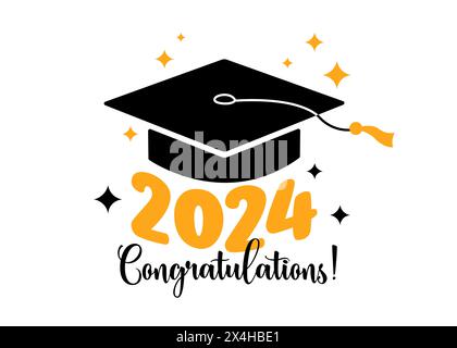 Grußkarte zum Abschluss 2024. Glückwunschtext. Illustration der Vektorabwicklung. Schwarze quadratische Akademiekappe und goldene 2024-Zahlen auf weiß Stock Vektor