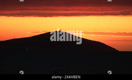 Sonnenuntergang von Bozcaada auf der Ägäischen Insel aus dem Viertel Geyikli in der Stadt Canakkale. Goldene Stunden mit Meer und Insel in Bozcaada. Stockfoto