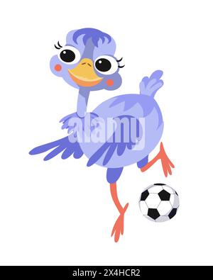 Süßer Strauß, der Fußball spielt. Sportball. Vektor-Cartoon isolierte Illustration auf weißem Hintergrund. Lustiges Vogeltier zum Design. Stock Vektor