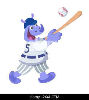 Niedliches Nashorn mit Schläger, der Baseball spielt. Sportball. Vektor-Cartoon isolierte Illustration auf weißem Hintergrund. Lustiges Tier im Sportanzug zum Design. Stock Vektor