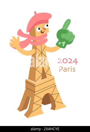 Olympische Spiele 2024. Eiffelturm. Zeichentrickfigur mit Baskenmütze und Fanhandschuh. Vektorabbildung. Sport und Wahrzeichen Frankreichs. Stock Vektor