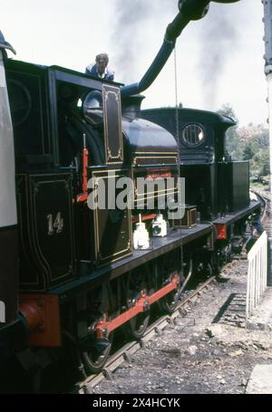 Kent Und East Sussex. 1987 wurden zwei Dampflokomotiven der Kent & East Sussex Railway mit Wasser gefüllt. Die Lokomotiven sind die Manning Wardle Nr. 1955 0-6-0ST „Charwelton“ und die ehemalige South Eastern & Chatham Railway/Southern Railway „P Class“ Nr. 31556. Stockfoto