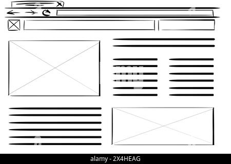 Website-Design-Vorlage, Schnittstellenentwicklung. Drahtmodell mit verschiedenen Elementen auf weißem Hintergrund Stockfoto