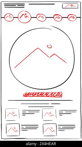 Website-Design-Vorlage, Schnittstellenentwicklung. Drahtmodell mit verschiedenen Elementen auf weißem Hintergrund Stockfoto