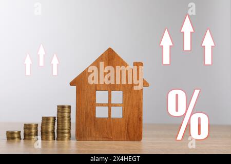 Hypothekenzinssatz. Hölzernes Modell des Hauses, gestapelte Münzen, Pfeile und Prozentzeichen Stockfoto