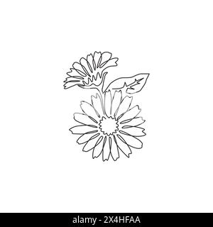 Eine einzeilige Zeichnung mit frischem Ringelblumenblumen für Posterkunst an der Wand. Bedruckbares dekoratives Ringelblumenkonzept für Park-Ikone. Modern c Stock Vektor