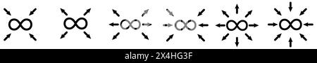 Pfeile, die auf das Unendlichkeitssymbol zeigen. Version mit nach außen und nach innen zeigenden Punkten Stock Vektor