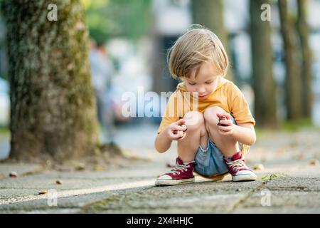 Niedlicher Kleinkinder, der am Herbsttag in einem Park Kastanien pflückt. Kind, das Spaß mit der Suche nach Kastanien und Laub hat. Herbstliche Aktivitäten mit Kindern. Stockfoto