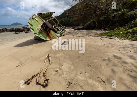 Boote Wrack an einem Strand von Con Dao in Vietnam Stockfoto