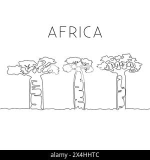 Eine durchgehende Linienzeichnung eines großen Baobab-Baumes. Dekorative adansonia digitata Pflanze für Wohnwand Dekor Posterdruck. Reiseurlaubskonzept. Tre Stock Vektor