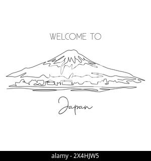 Eine durchgehende Linie zeichnet das Wahrzeichen des Mount Fuji. Wunderschönes Hotel in Honshu, Japan. World Travel Home Decor Wandbild Postermuster Konzept. M Stock Vektor