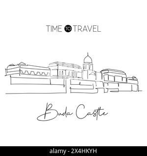 Eine durchgehende Linie, die das Wahrzeichen der Burg Buda zeichnet. Historischer Königspalast in Budapest, Ungarn. Reise Urlaub Haus Wanddekor Poster Print Konzept. Stock Vektor