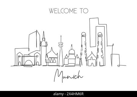 Eine einzeilige Zeichnung der Skyline der Stadt München. Münchens Stadt Wolkenkratzer Landschaft in der Welt. Bestes Reiseziel Urlaub Urlaub Wand Dekor Poster Conep Stock Vektor