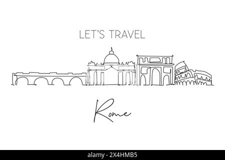 Einzelne durchgehende Linienzeichnung der Skyline von Rom Italien. Berühmte Wolkenkratzerlandschaft der Roma-Stadt. World Travel Home Wanddekoration Posterdruck Kunst Concrete Stock Vektor