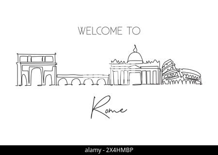 Einzelne durchgehende Linienzeichnung der Skyline von Rom, Italien. Berühmte Roma-Wolkenkratzer-Landschaft. World Travel Home Wanddekor Poster Print Kunstkonzept. M Stock Vektor