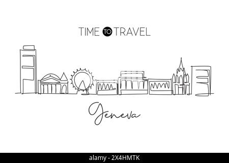 Eine einzeilige Zeichnung der Skyline der Stadt Genf, Schweiz. Historische Landschaft in der Welt. Poster mit Wanddekor für das beste Urlaubsziel. Editierbarer Trend Stock Vektor