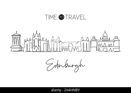 Einzelne durchgehende Linienzeichnung der Skyline von Edinburgh Schottland. Berühmte Stadt-Kratzer-Landschaft. World Travel Concept Wohnwand Dekor Posterdruck AR Stock Vektor