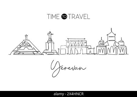 Einzelne durchgehende Linienzeichnung der Skyline der Stadt Jerewan, Armenien. Berühmte Stadt und Landschaft. World Travel Concept Poster mit Innenwand. Stock Vektor