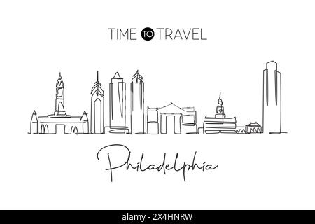 Eine einzeilige Zeichnung der Skyline von Philadelphia, USA. Historische Stadtlandschaft. Bestes Urlaubsziel Heim Kunst Wanddekor Posterdruck. Trend Stock Vektor