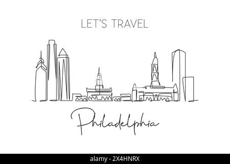 Einzelne durchgehende Linienzeichnung der Skyline von Philadelphia, Vereinigte Staaten von Amerika. Berühmte Landschaft. Weltreise-Poster-Print. Bearbeitbarer Strich Stock Vektor