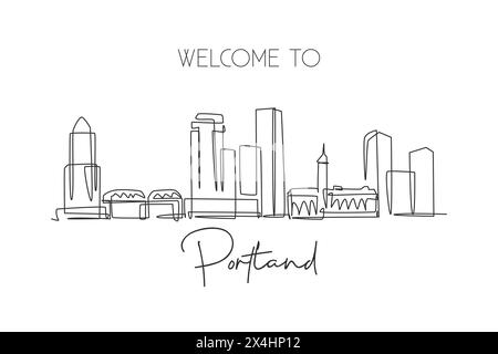 Einzelne durchgehende Linienzeichnung der Skyline von Portland, USA. Berühmte Stadt und Landschaft. World Travel Concept, Wohnwand, Postermotiv Stock Vektor