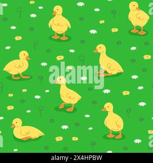 Niedliche kleine Gänsehaut, die auf grüner Wiese spielen. Nahtloses Hintergrundmuster. Handgezeichnete Zeichentrick-Babygans in verschiedenen Posen, die Spaß im grünen Gras haben. Stock Vektor
