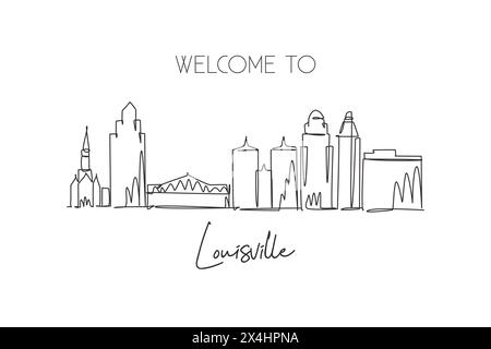 Einzelne durchgehende Linie mit der Skyline von Louisville, Kentucky. Berühmte Stadt und Landschaft. World Travel Concept Poster mit Innenwand Stock Vektor