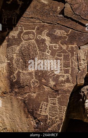 Eulen-Petroglyphen, Nine Mile Canyon, Utah. Stockfoto