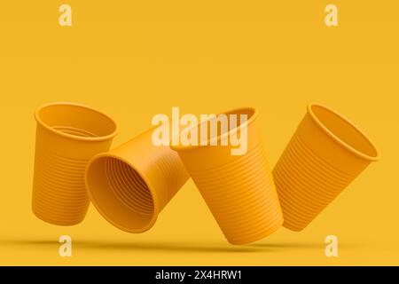 Set aus Kunststoff Einweg-Partybecher isoliert auf monochromem gelbem Hintergrund. 3D-Rendering von Take Away Glas für Saft, frisch, Bier Stockfoto