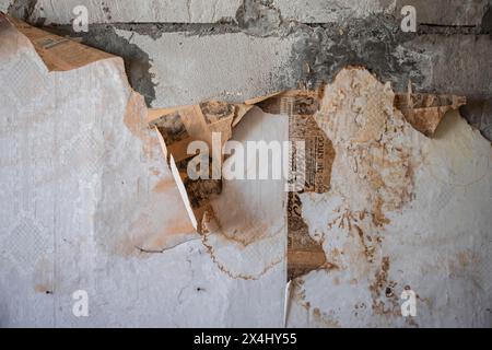 Alte Zeitungen an der Mauer aus der UdSSR, verlassene Ruinen, Geisterstadt Enilchek im Tien Shan-Gebirge, Ak-Su, Kirgisistan Stockfoto