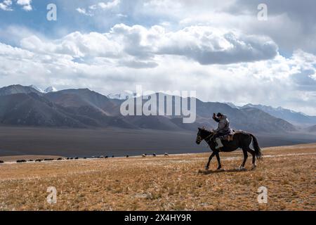 Nomadisches Leben auf einem Hochplateau, Hirte auf Pferd, Schafherde, dramatische hohe Berge, Tian Shan Berge, Jety Oguz, Kirgisistan Stockfoto