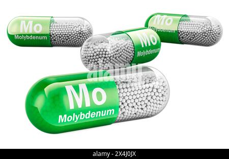 Molybdän-Kapseln, Mo-Nahrungsergänzungsmittel. 3D-Rendering isoliert auf weißem Hintergrund Stockfoto