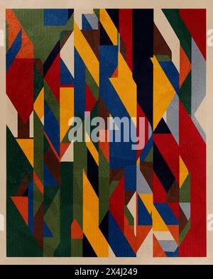 Eine farbenfrohe abstrakte Illustration von Quadraten und Rechtecken, Poster aus den 1970er Jahren, Vorstellung von Geschwindigkeit, Überschallzügen und Fahrgästen, verdrehte Blätter. Stockfoto