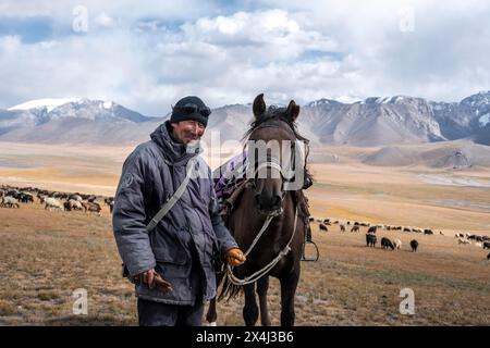 Nomadisches Leben auf einem Hochplateau, Hirte auf Pferd, Schafherde, dramatische hohe Berge, Tian Shan Berge, Jety Oguz, Kirgisistan Stockfoto