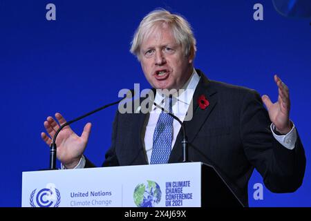 Der britische Premierminister Boris Johnson spricht während der Eröffnungszeremonie der UN-Klimakonferenz COP26 am 1. November 2021 in Glasgow. Stockfoto