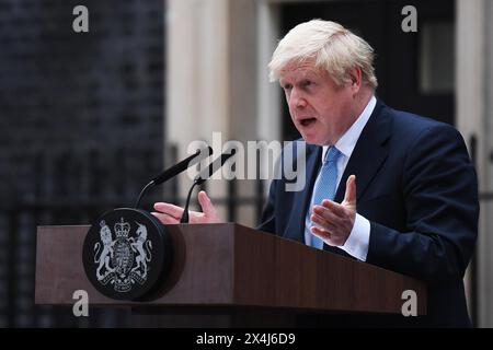 Der britische Premierminister Boris Johnson hält am 2. September 2019 in London, England, eine Rede in der Downing Street 10. Stockfoto