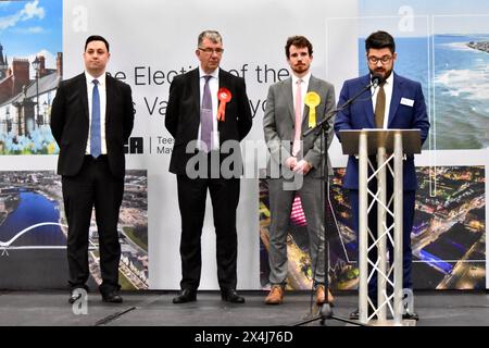 Stockton-on-Tees, Großbritannien. Mai 2024. Das Ergebnis wird bei der mit Spannung erwarteten Wahl 2024 zum Bürgermeister von Tees Valley bekannt gegeben. Ben Houchen (Konservative) gewann. Quelle: James Hind/Alamy Live News Stockfoto