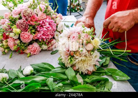 Florist bei der Arbeit: Mann macht einen Hochzeitsstrauß mit Dahlien und Rosen. Stockfoto