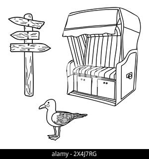 Meer gesetzt. Sonnenliege mit Kapuze aus der ostsee oder Nordsee, Deutschland, hölzerne Wegweiser und süße Möwe. Handgezeichnete Vektorgrafik. Einfache Skizze Stock Vektor