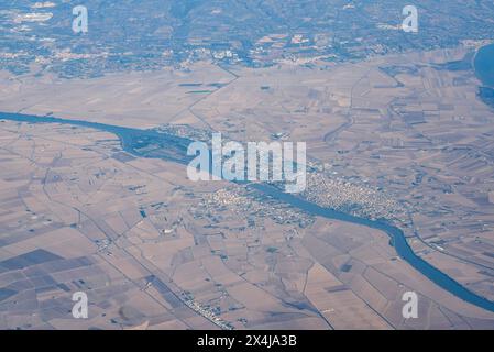 Luftaufnahme des Ebro-Deltas aus einem Flugzeug während eines Fluges zwischen Valencia und Mailand (Tarragona Catalonia Spanien) ESP: Vista aérea Delta del Ebro Stockfoto