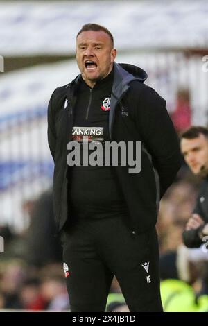 Barnsley, Großbritannien. Mai 2024. Bolton Wanderers Manager Ian Evatt reagierte am 3. Mai 2024 in Oakwell, Barnsley, England, Großbritannien bei der SKY Bet League One Play-offs Halbfinale 1st Leg in Oakwell, Barnsley, England Stockfoto