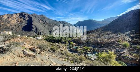 Das schöne Oasendorf bald Sayt (Balad Sayt), die westlichen Hajar Berge, Ash Sharaf, Oman Stockfoto