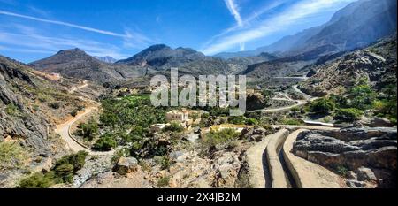 Das schöne Oasendorf bald Sayt (Balad Sayt), die westlichen Hajar Berge, Ash Sharaf, Oman Stockfoto