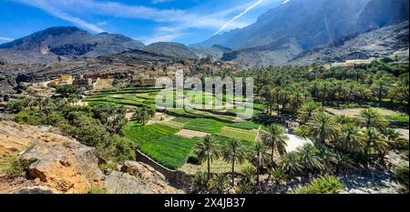 Das schöne Oasendorf bald Sayt (Balad Sayt), die westlichen Hajar Berge, Ash Sharaf, Oman Stockfoto