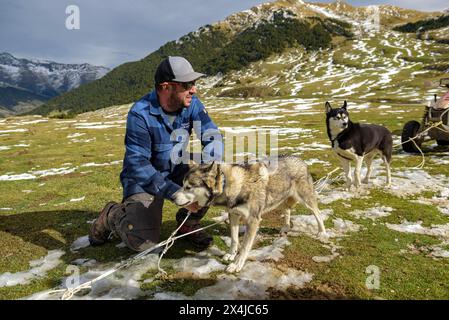 Das Montgarri Outdoor Team mit Hunden im Plan de Beret bereitet die Schlittenfahrt und die Saison vor (Naut Aran, Aran Valley, Lleida, Katalonien, Spanien) Stockfoto