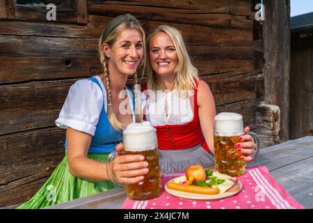 Fröhliche Frauen lächeln vor der Kamera in traditionellen Dirndls oder tracht klirrende Bierbecher vor der bayerischen Almhütte in den alpen. Oktoberfest Bavar Stockfoto